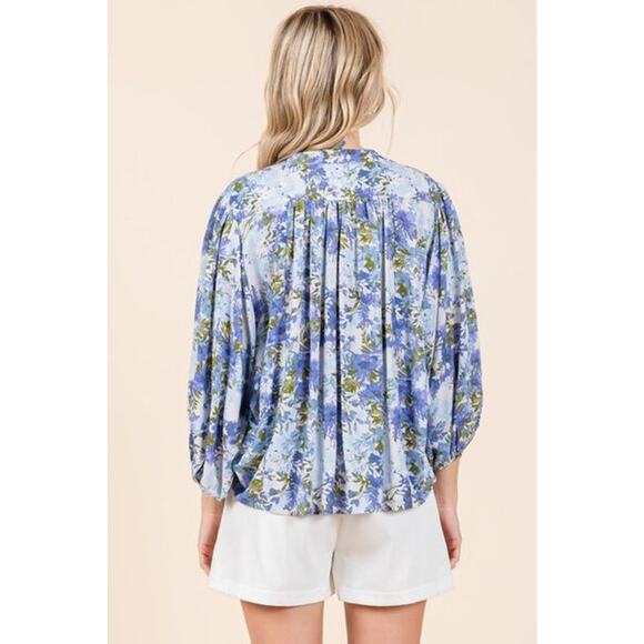 Mittoshop Flower Print Batwing Sleeves Button Down Relaxed Fit Blouse | Blue - Picture 3 of 7